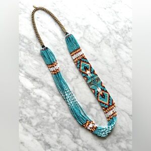 Handmade Turquoise White Red Seed Bead Necklace Long w Gold Tone Chain